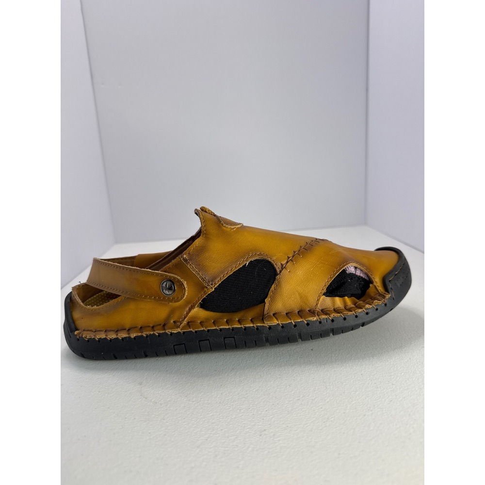 Fashion Mens Tan Leather Fisherman Sandals Closed Toe Stitched Rubber Sole 11.5 - Picture 3 of 10